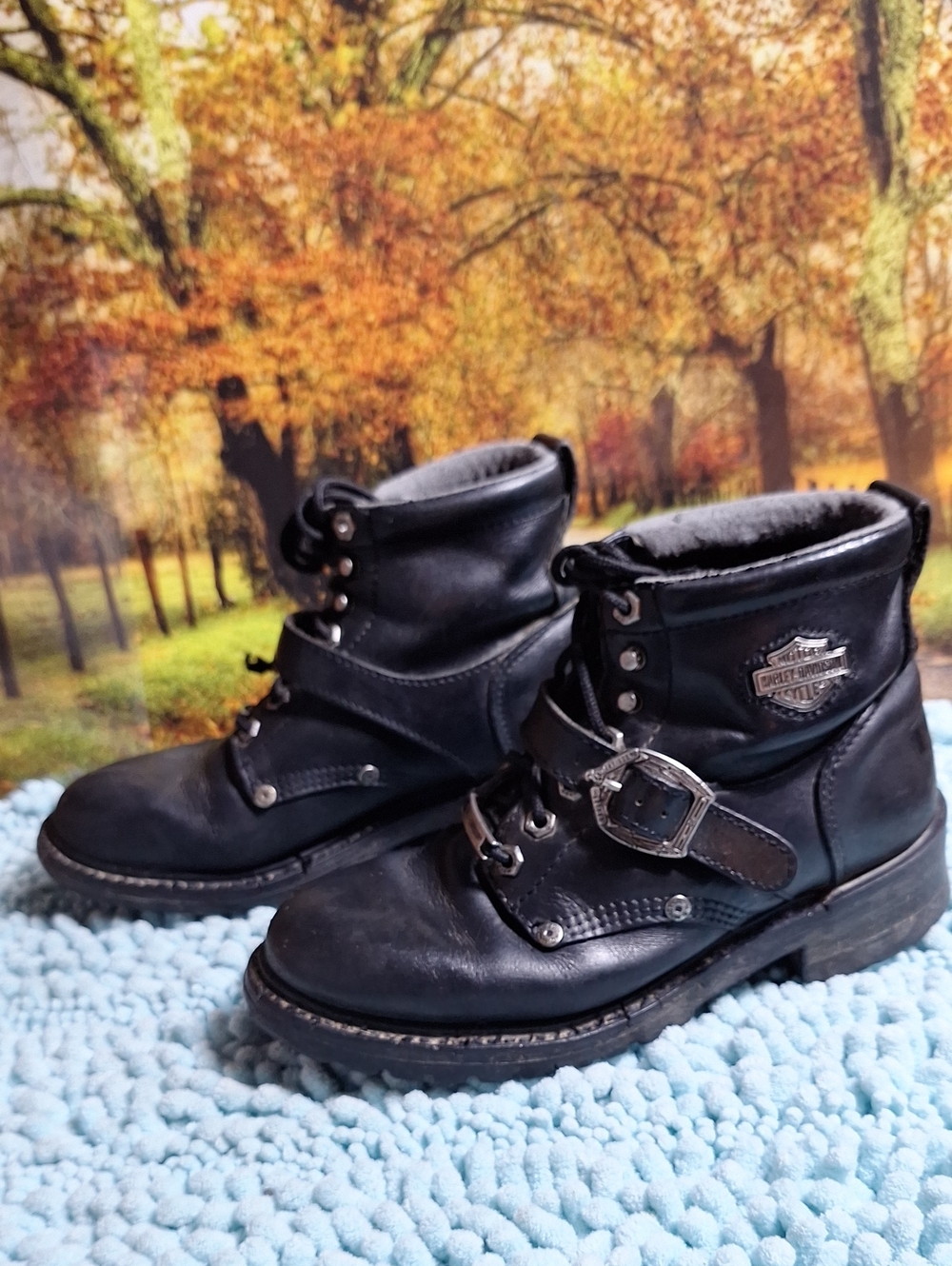 Womens Harley-Davidson Black Leather Biker Boots with Buckle